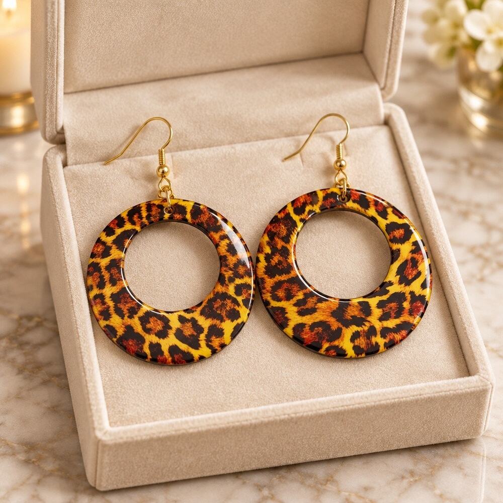 Vintage Tortoise Shell Leopard Animal Print Large Circle Earrings